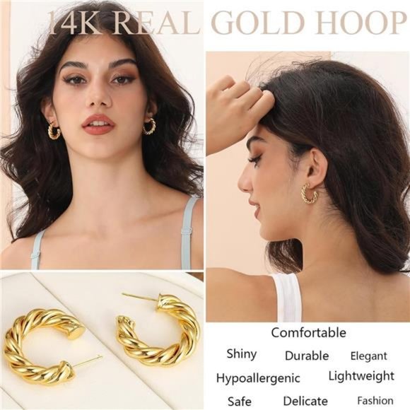 9 Pairs Gold Hoop Earr, 14K Gold Plated Lightweight Chunky Twisted Hoop - Picture 2 of 7
